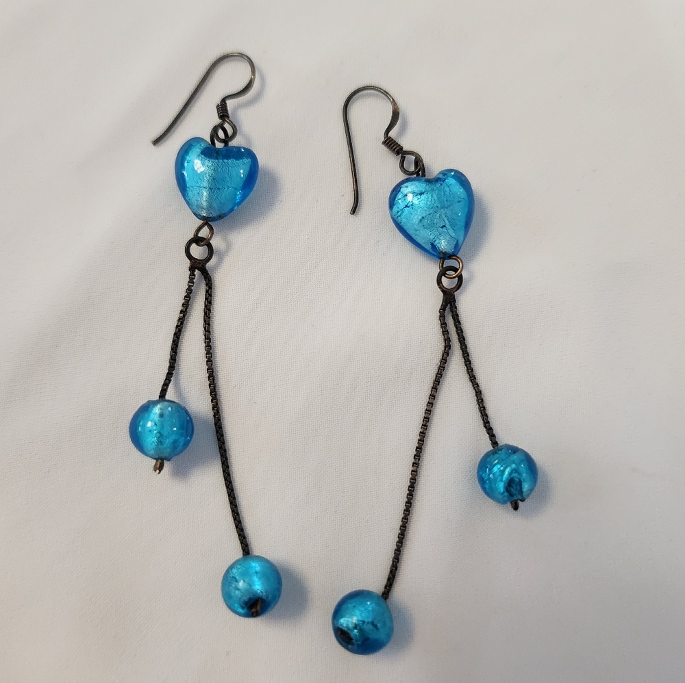 Elegant Blue Murano glass heart dangle earrings